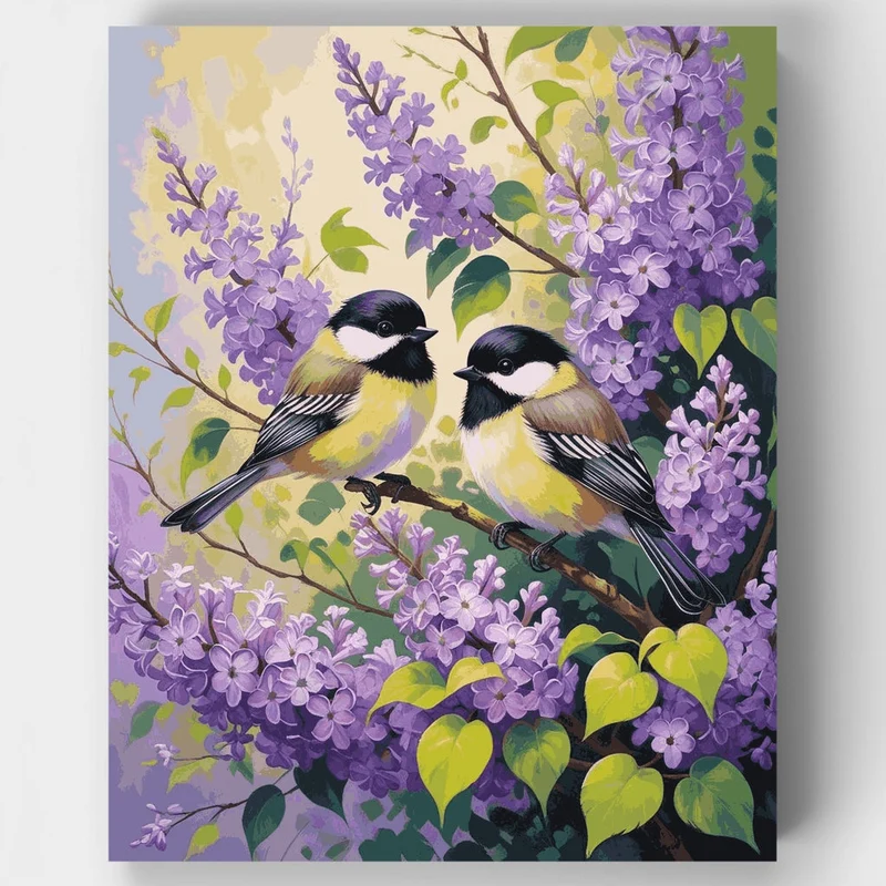 Chickadees in Blooming Lilacs - Paint by Numbers Kit