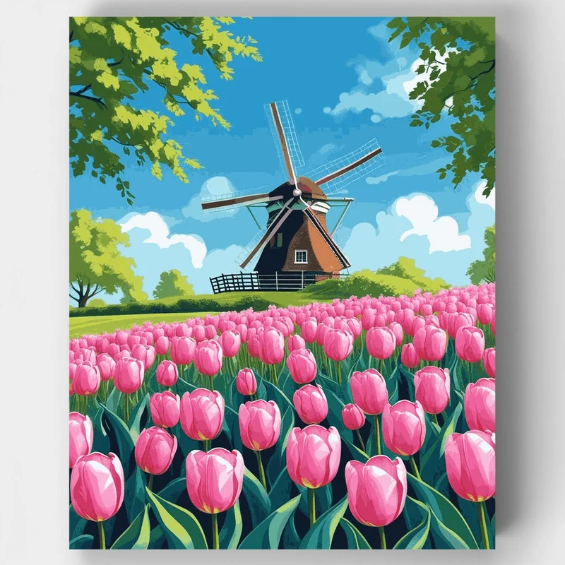 Traditional Dutch Windmill Tulip Field - Paint by Numbers Kit