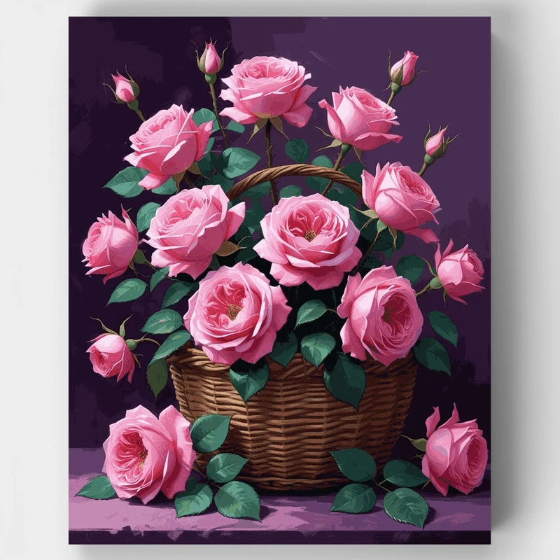 Pink Roses in Wicker Basket - Paint by Numbers Kit