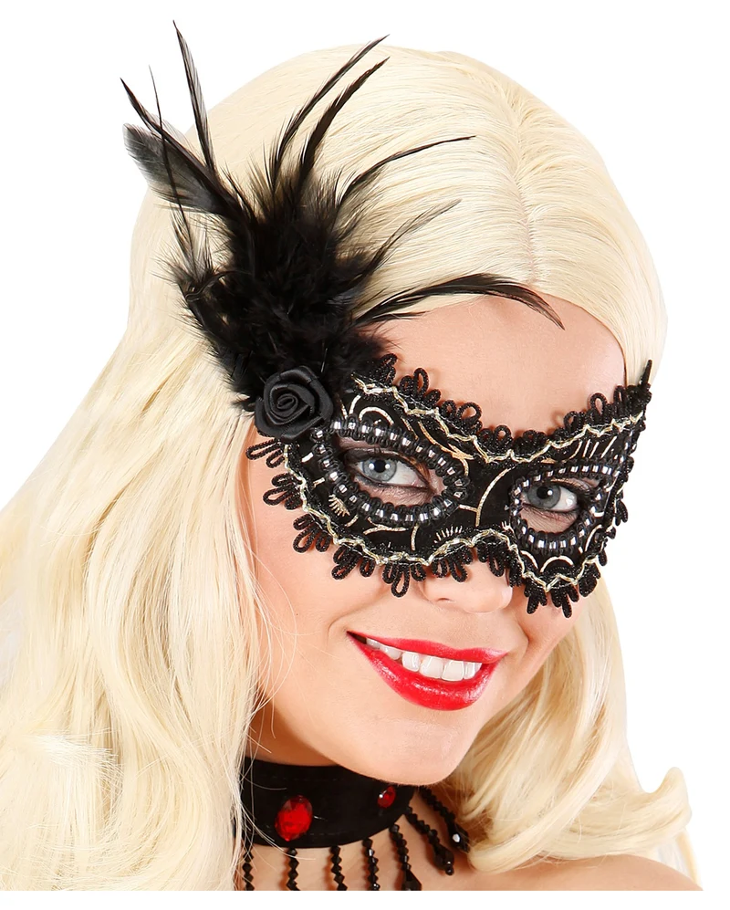 Schwarze Mystic Augenmaske mit Rose & Federn