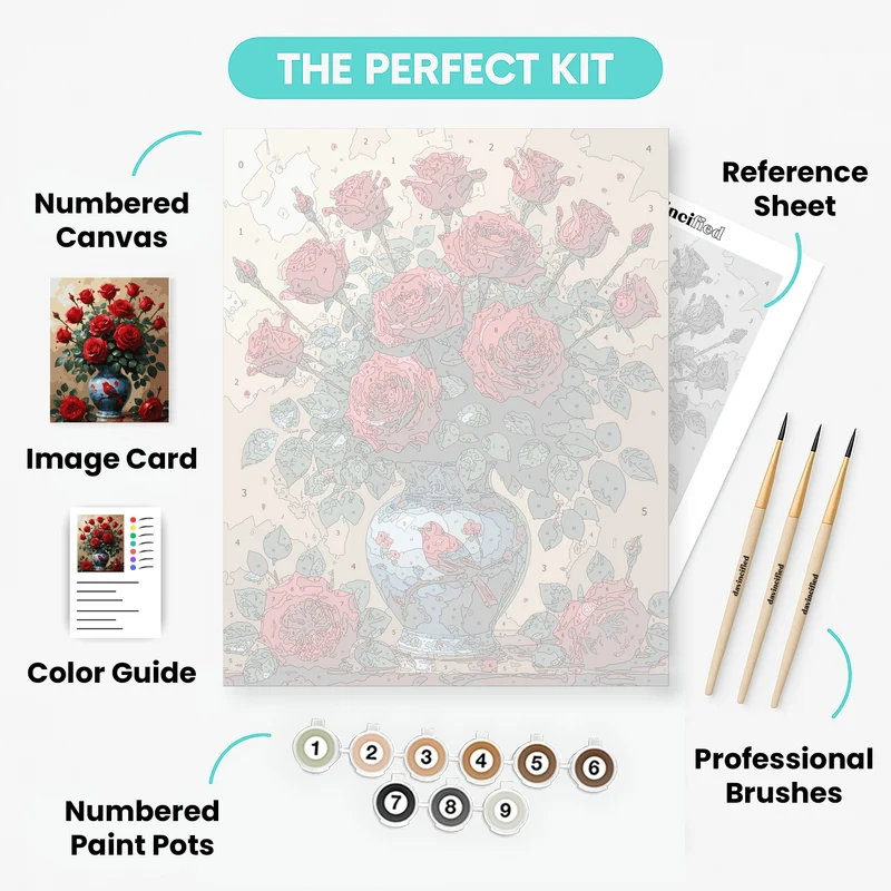 Red Roses in Blue Vase - Paint by Numbers Kit