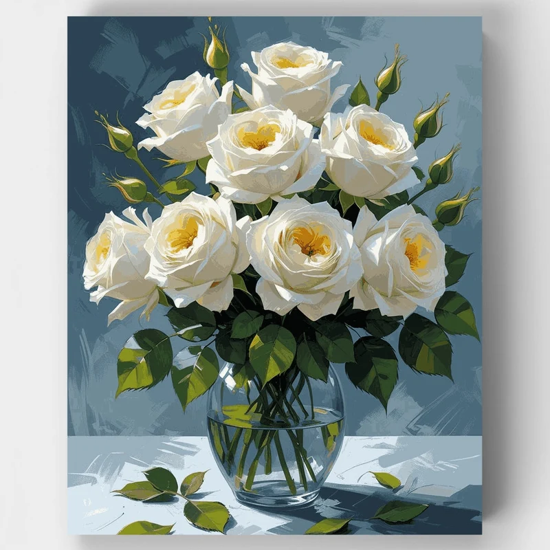 White Roses in Glass Vase - Paint by Numbers Kit