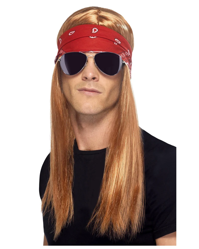 90er Rockstar Perücke Axel mit Stirnband & Brille