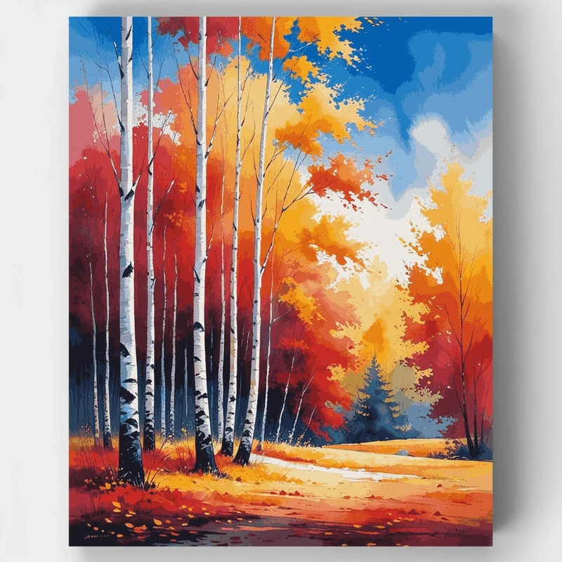 Vibrant Autumn Birch Forest Landscape - Paint by Numbers Kit