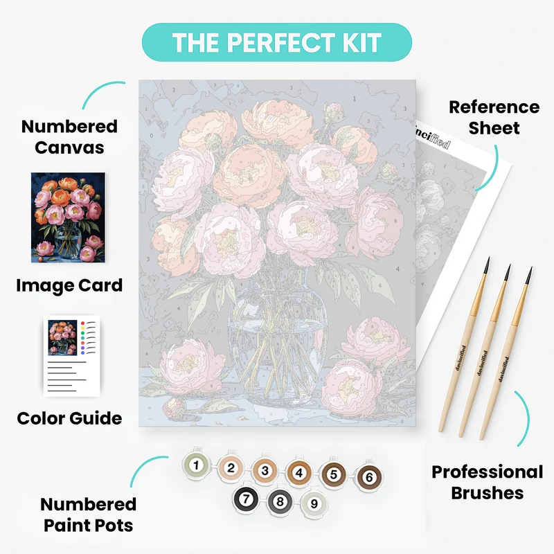Vibrant Peonies in Glass Vase - Paint by Numbers Kit