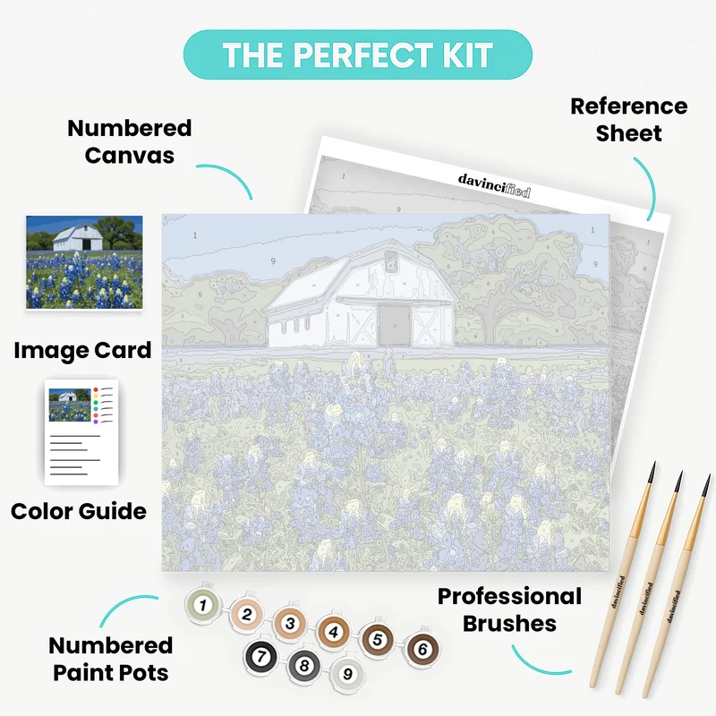 Bluebonnet Field with White Barn - Paint by Numbers Kit