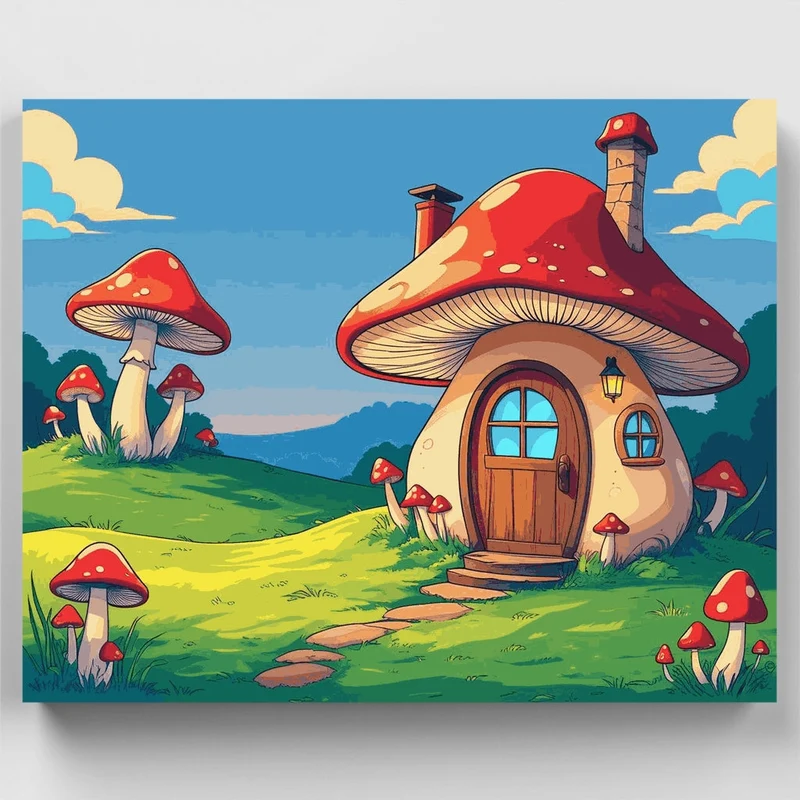 Whimsical Mushroom Village Fantasy Scene - Paint by Numbers Kit