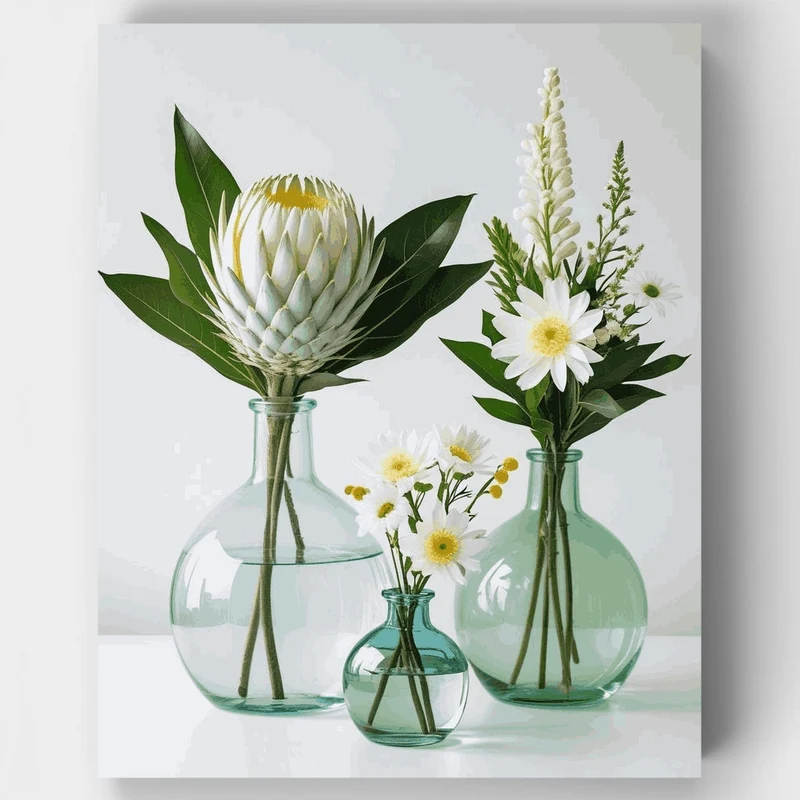 Elegant White Flowers in Glass Vases - Paint by Numbers Kit
