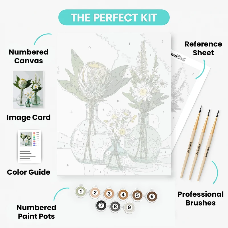 Elegant White Flowers in Glass Vases - Paint by Numbers Kit