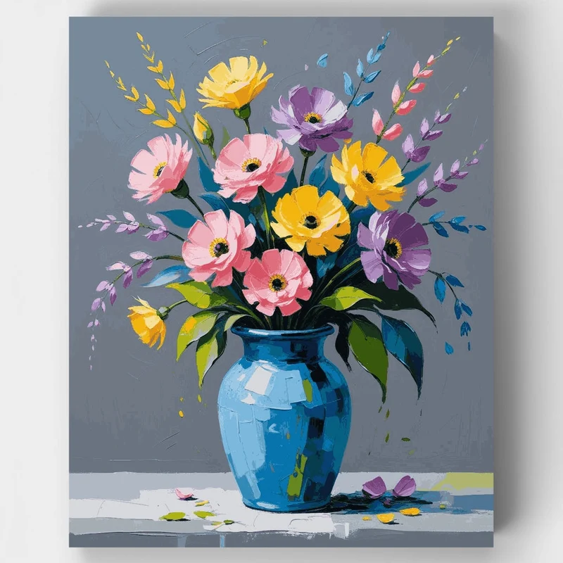 Vibrant Floral Bouquet in Blue Vase - Paint by Numbers Kit