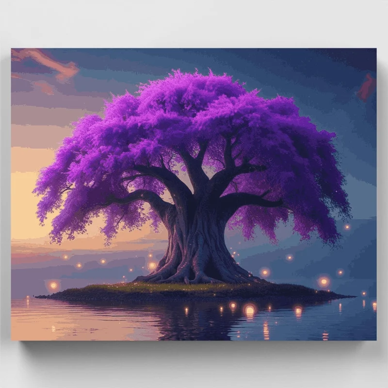Mystical Purple Tree with Floating Lights - Paint by Numbers Kit