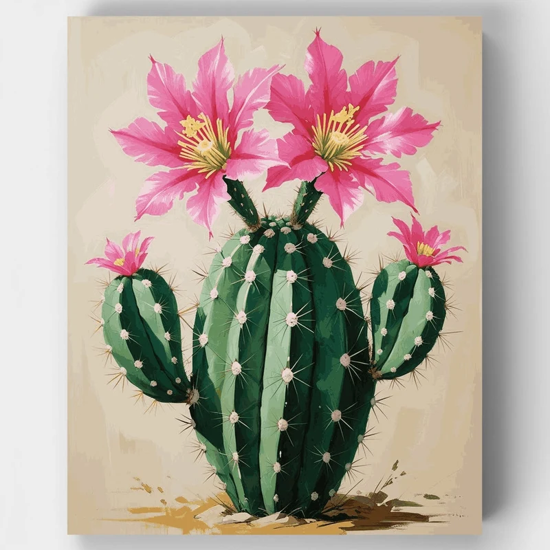 Blooming Cactus with Pink Flowers - Paint by Numbers Kit