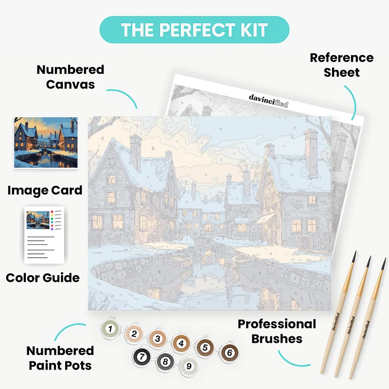 Snowy Village Canal with Boats - Paint by Numbers Kit