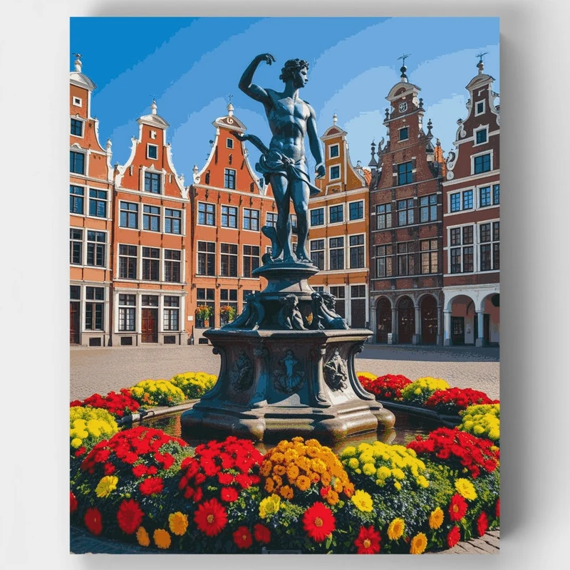 Belgian Town Square with Neptune Fountain - Paint by Numbers Kit
