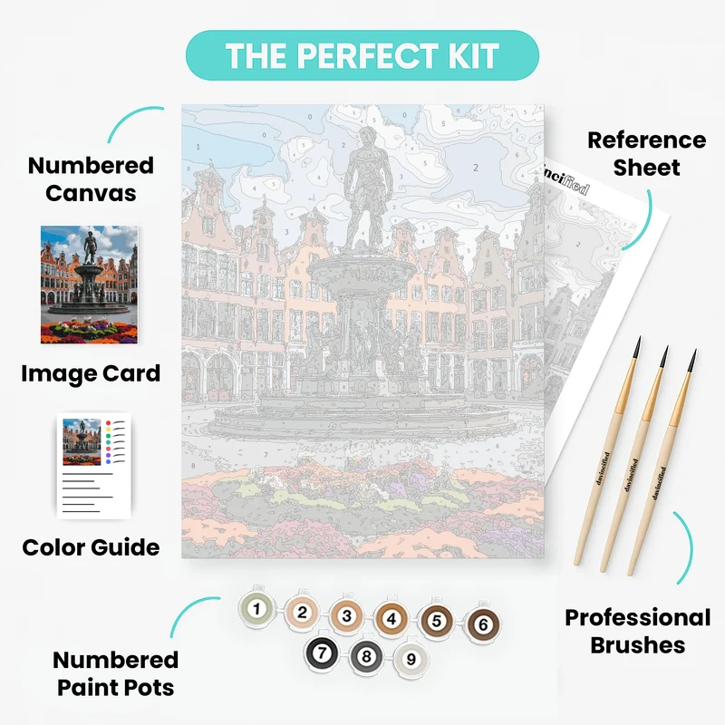 Historic Belgian Town Square with Ornate Fountain - Paint by Numbers Kit