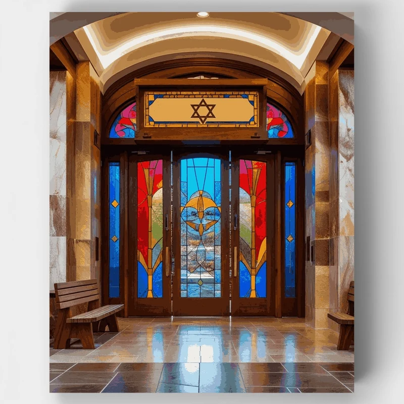 Synagogue Entrance with Stained Glass - Paint by Numbers Kit