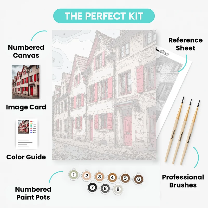 European Village Street with Red Shutters - Paint by Numbers Kit