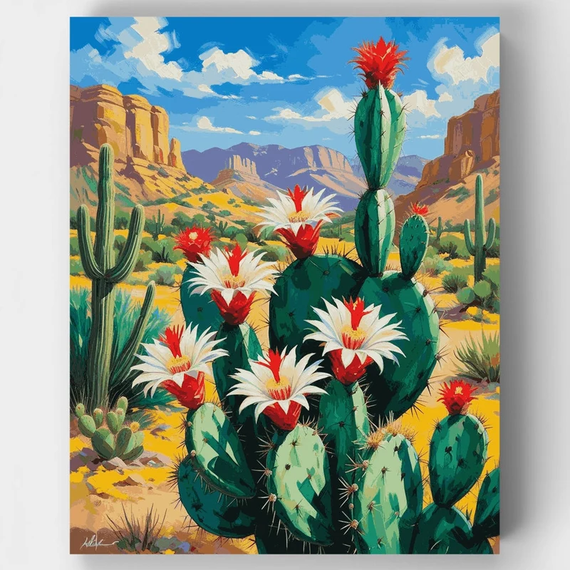 Flowering Desert Cactus Landscape - Paint by Numbers Kit