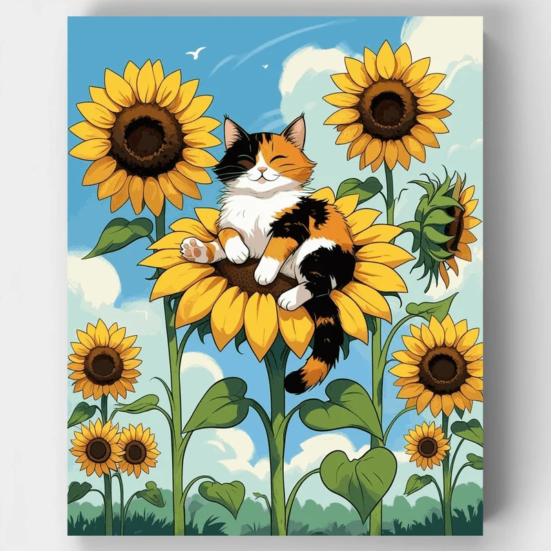 Calico Cat Resting on Sunflowers - Paint by Numbers Kit