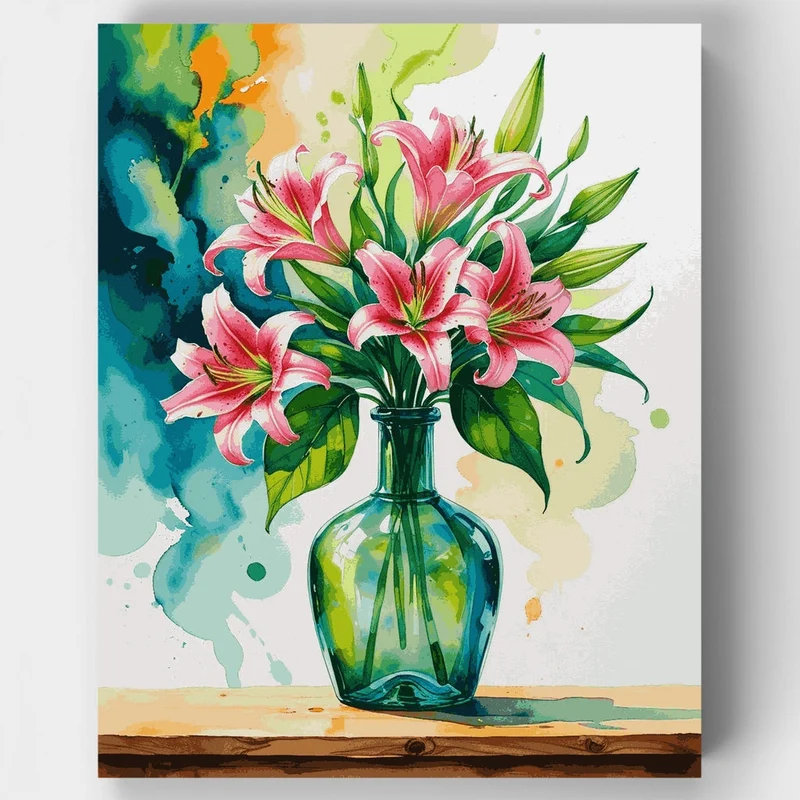 Pink Lilies in Glass Vase Watercolor - Paint by Numbers Kit