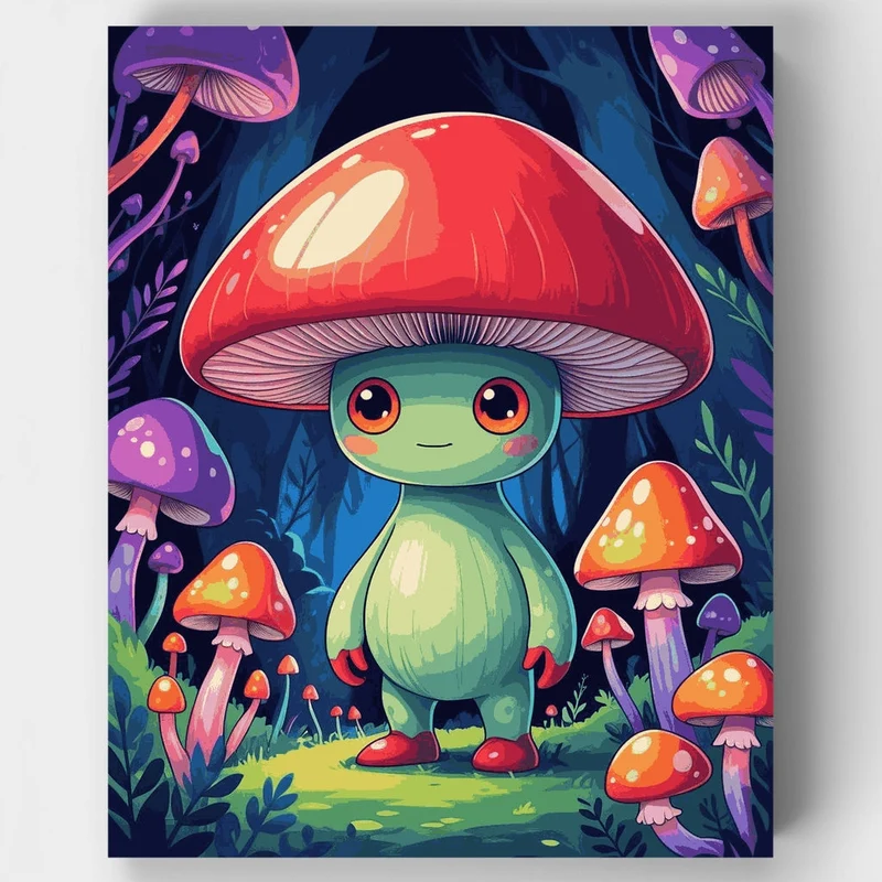 Cute Mushroom Character in Enchanted Forest - Paint by Numbers Kit