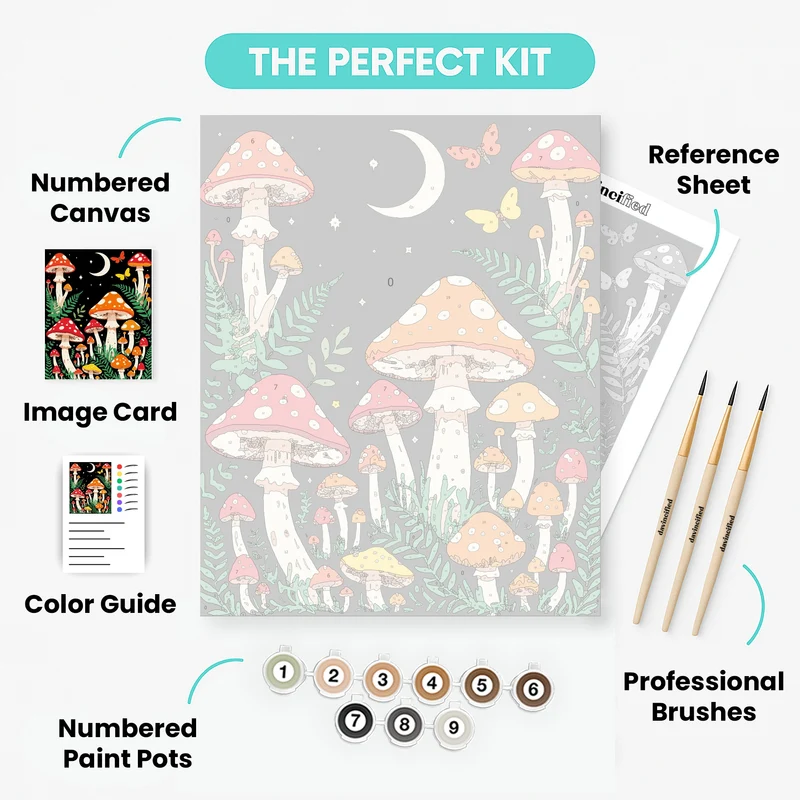 Whimsical Mushroom Forest Night Scene - Paint by Numbers Kit