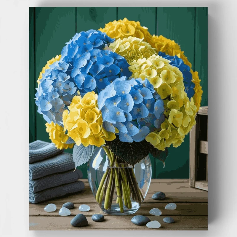 Blue and Yellow Hydrangea Flower Bouquet - Paint by Numbers Kit