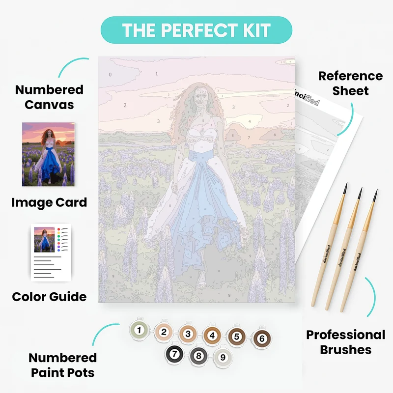 Woman in Blue Dress Among Lupine Flowers - Paint by Numbers Kit