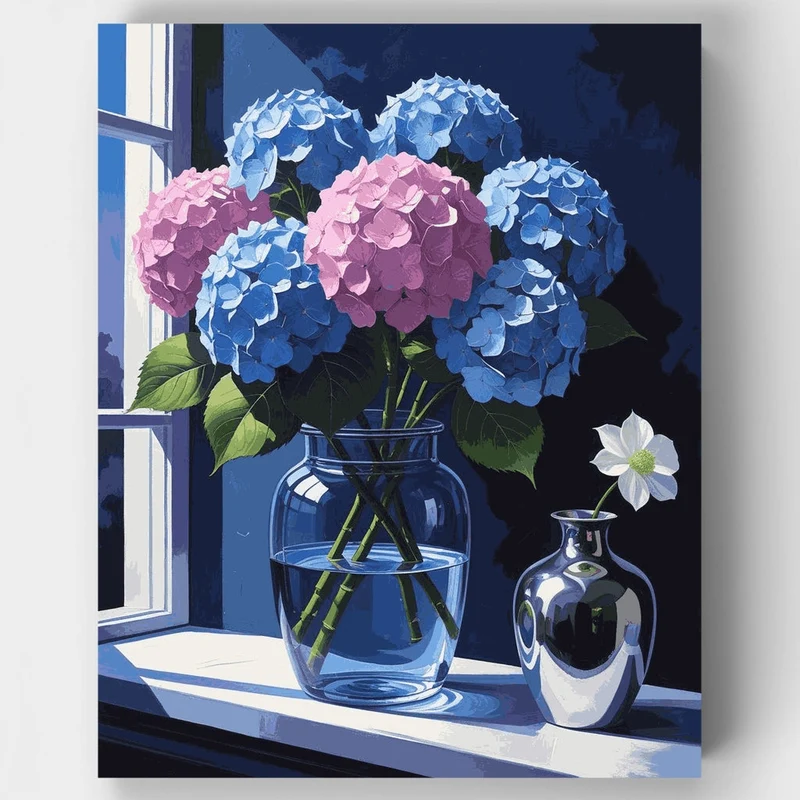 Blue and Pink Hydrangeas by Window - Paint by Numbers Kit