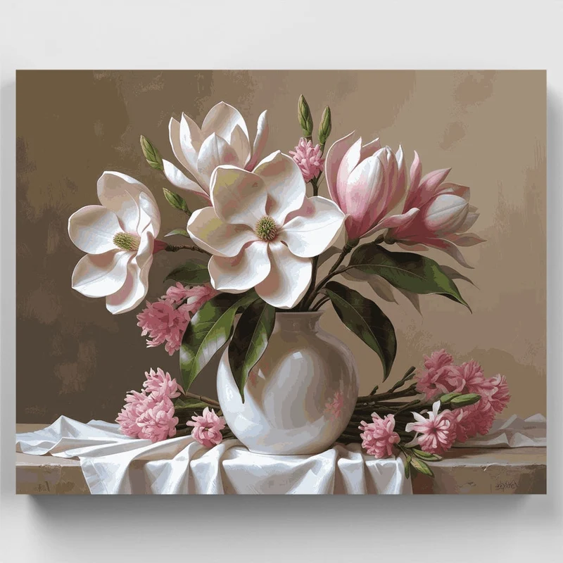 Elegant Magnolia and Pink Carnation Still Life - Paint by Numbers Kit