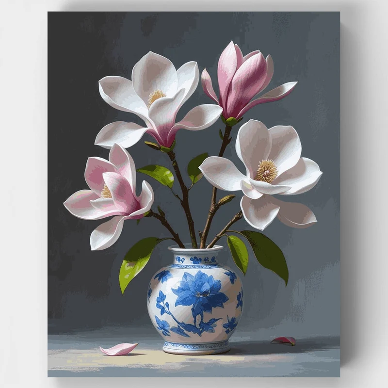 Magnolia Blossoms in Blue Porcelain Vase - Paint by Numbers Kit