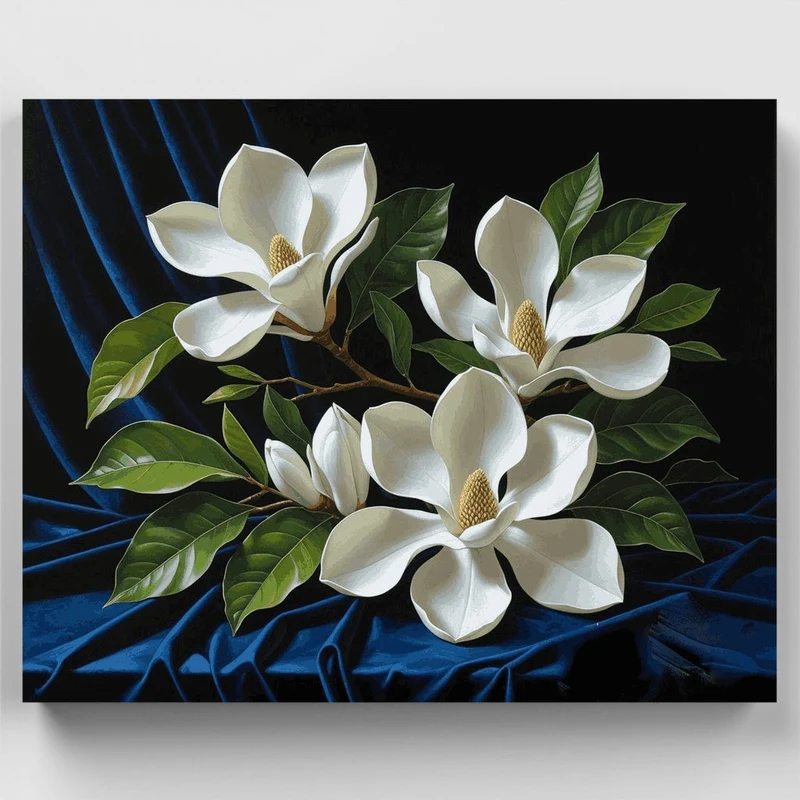 White Magnolia Blossoms on Blue Silk - Paint by Numbers Kit