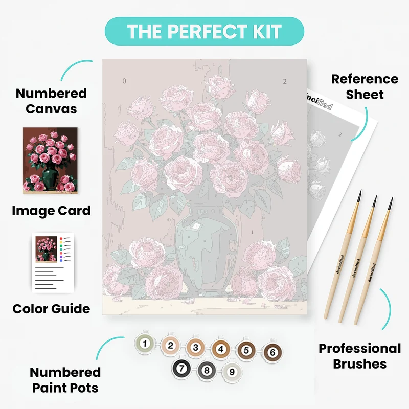 Pink Roses in Green Vase - Paint by Numbers Kit