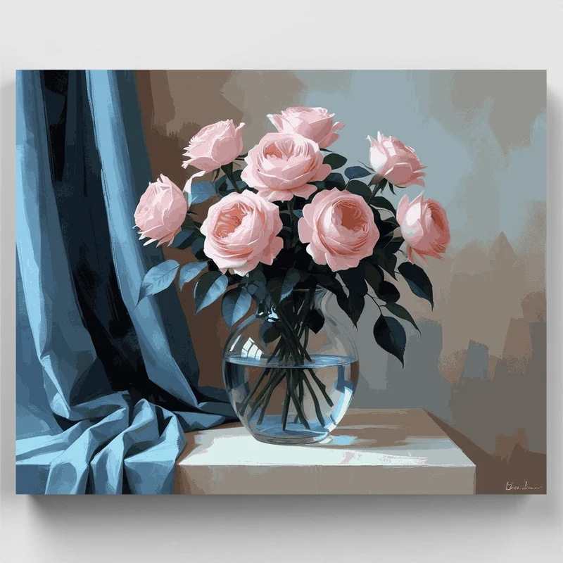 Pink Roses in Glass Vase - Paint by Numbers Kit