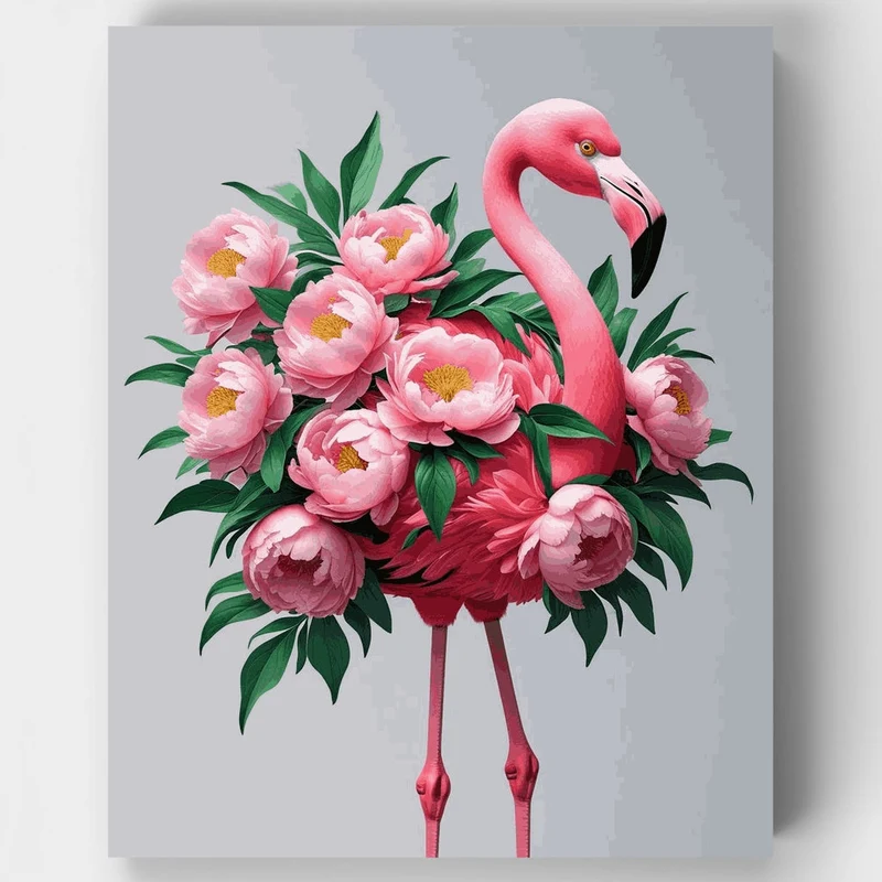 Flamingo with Pink Peonies - Paint by Numbers Kit