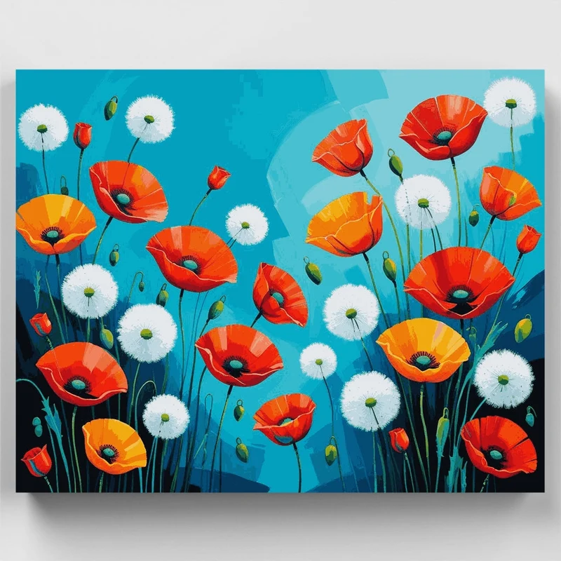 Vibrant Poppies and Dandelions Field - Paint by Numbers Kit
