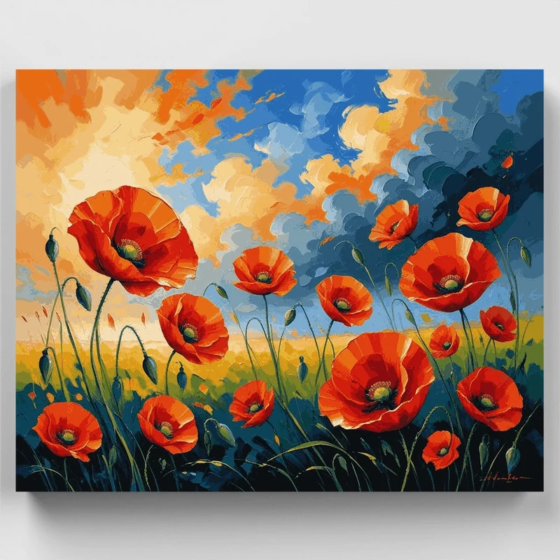 Vibrant Poppy Field Under Dramatic Sky - Paint by Numbers Kit