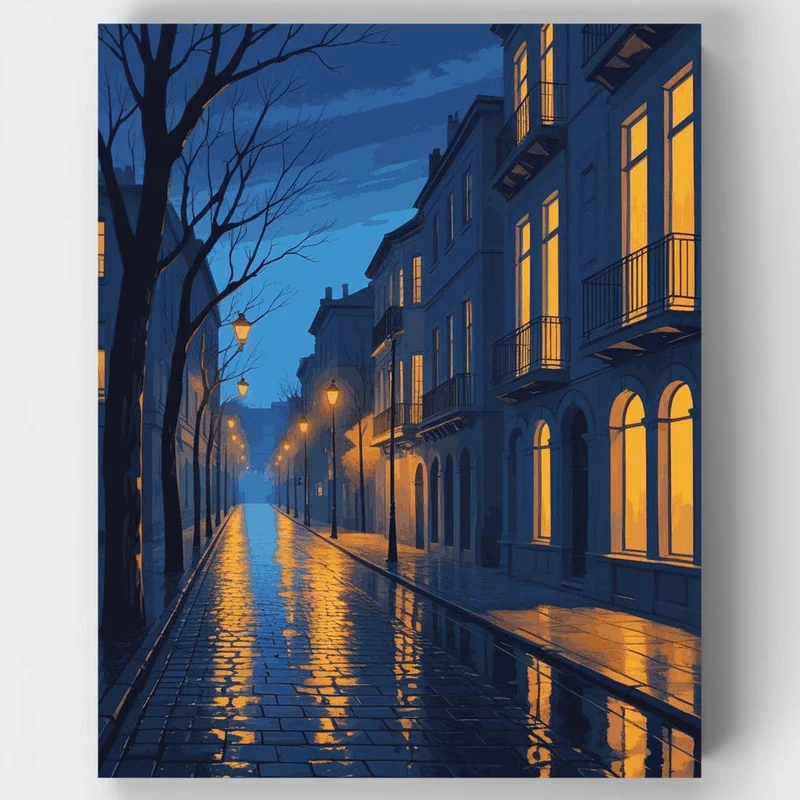 Evening Street in Blue Light - Paint by Numbers Kit