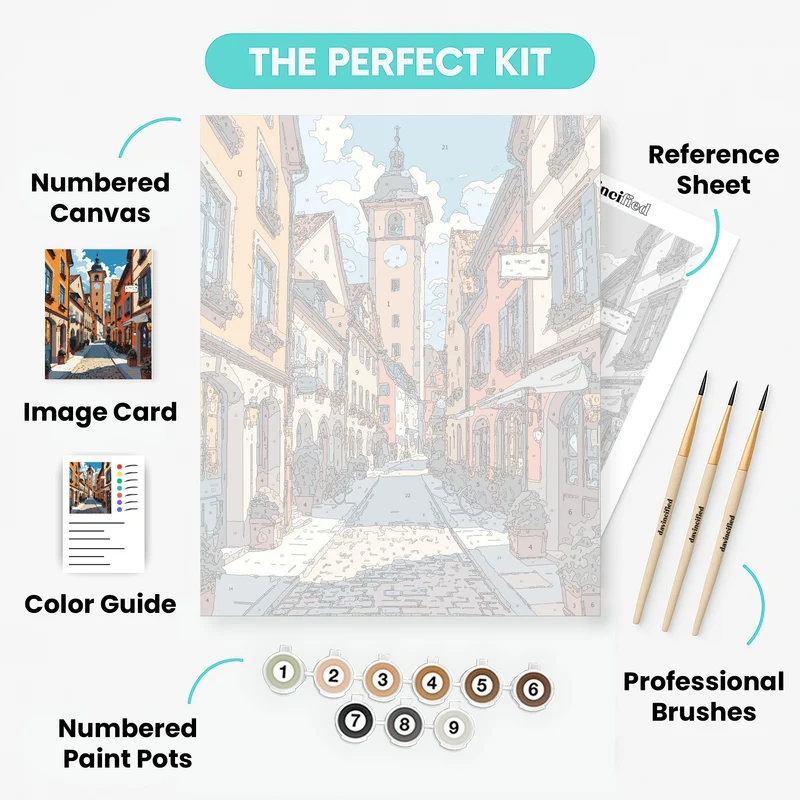 European Village Street with Clock Tower - Paint by Numbers Kit
