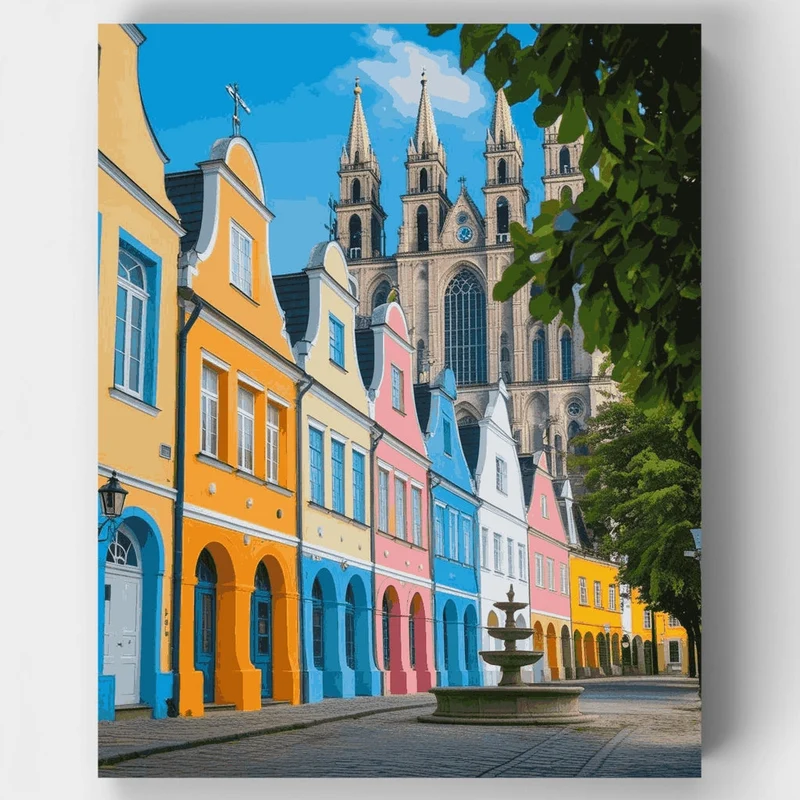 Colorful European Town Square Clear Sky - Paint by Numbers Kit