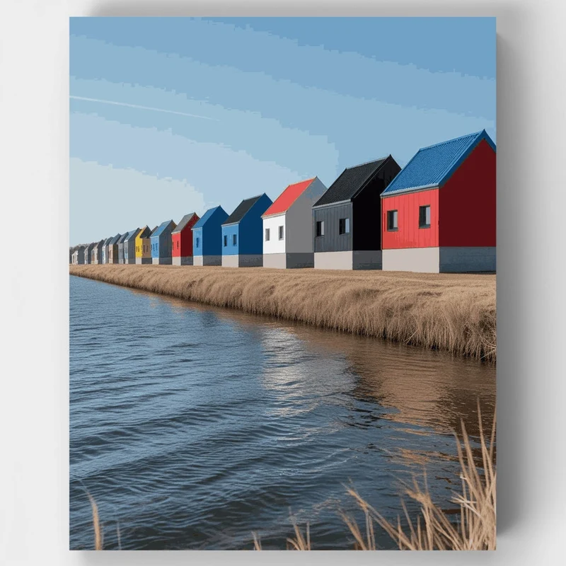 Colorful Beach Huts by the Water - Paint by Numbers Kit
