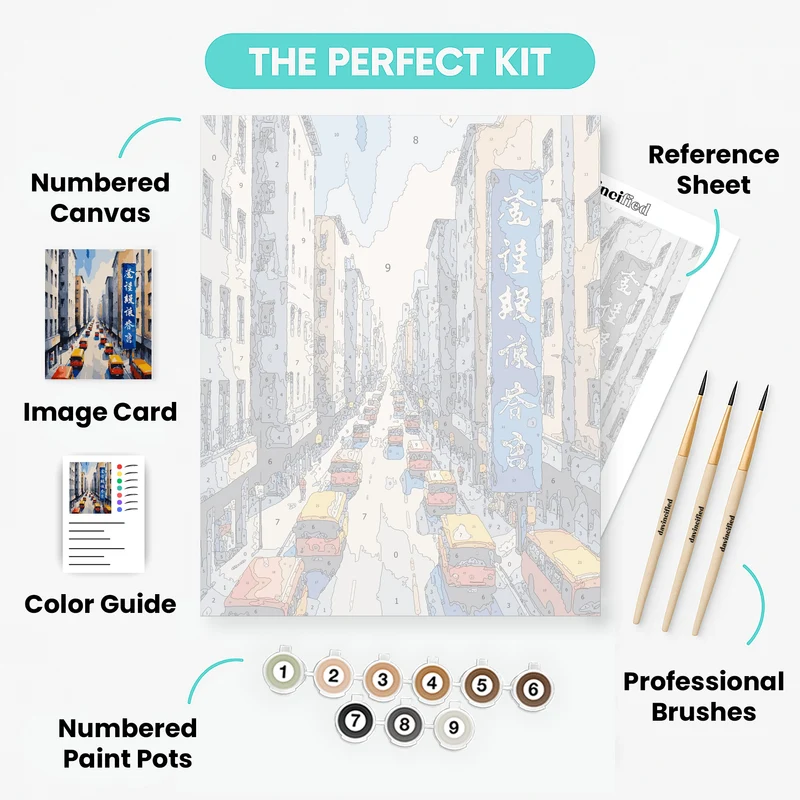 Hong Kong Street Scene with Buses - Paint by Numbers Kit