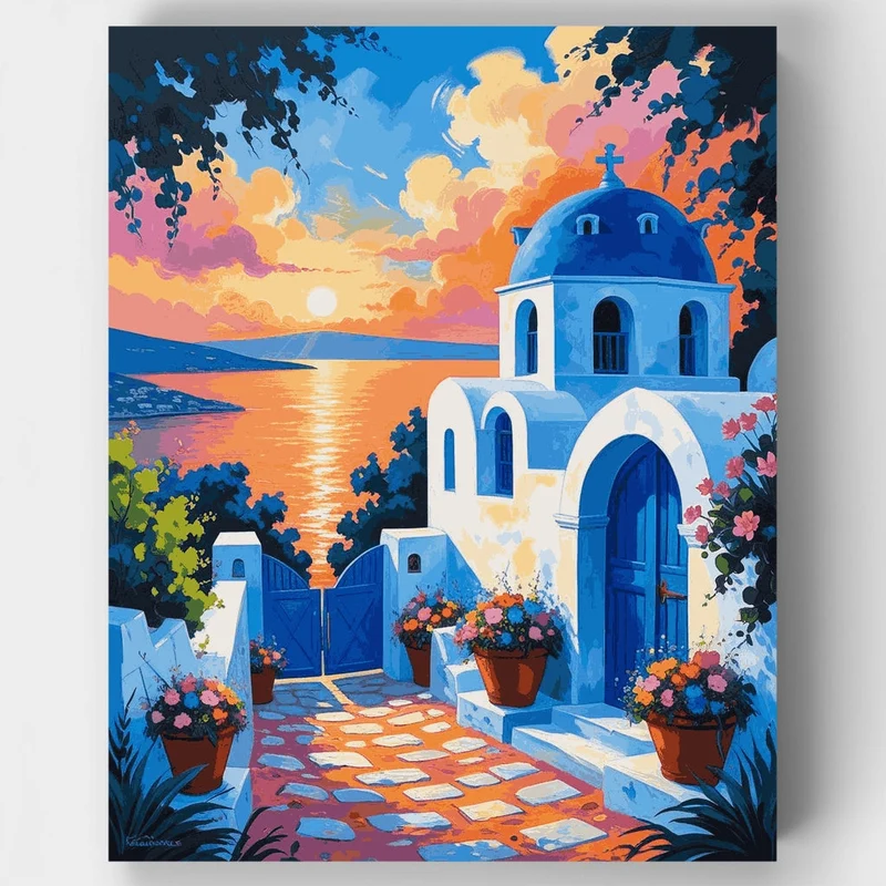 Greek Island Sunset Church - Paint by Numbers Kit