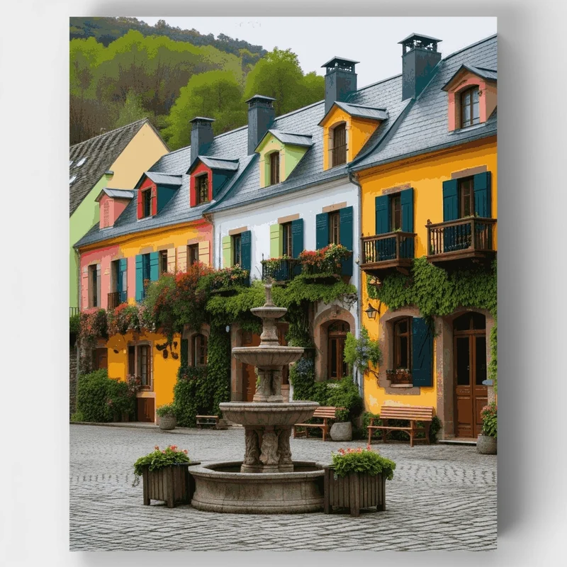 Colorful European Village Square - Paint by Numbers Kit