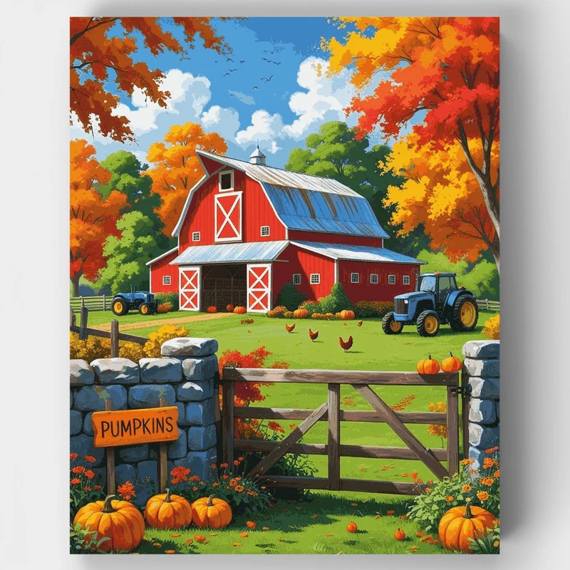 Autumn Farm with Red Barn and Pumpkins - Paint by Numbers Kit