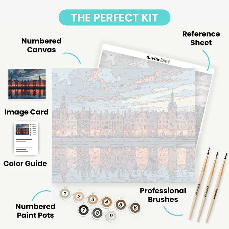 European Waterfront Village at Sunset - Paint by Numbers Kit