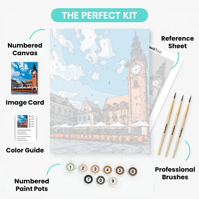 European Town Square with Clock Tower - Paint by Numbers Kit