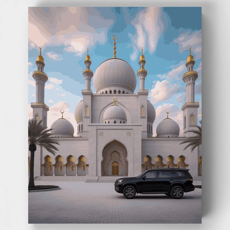 Majestic Mosque with Modern Car - Paint by Numbers Kit