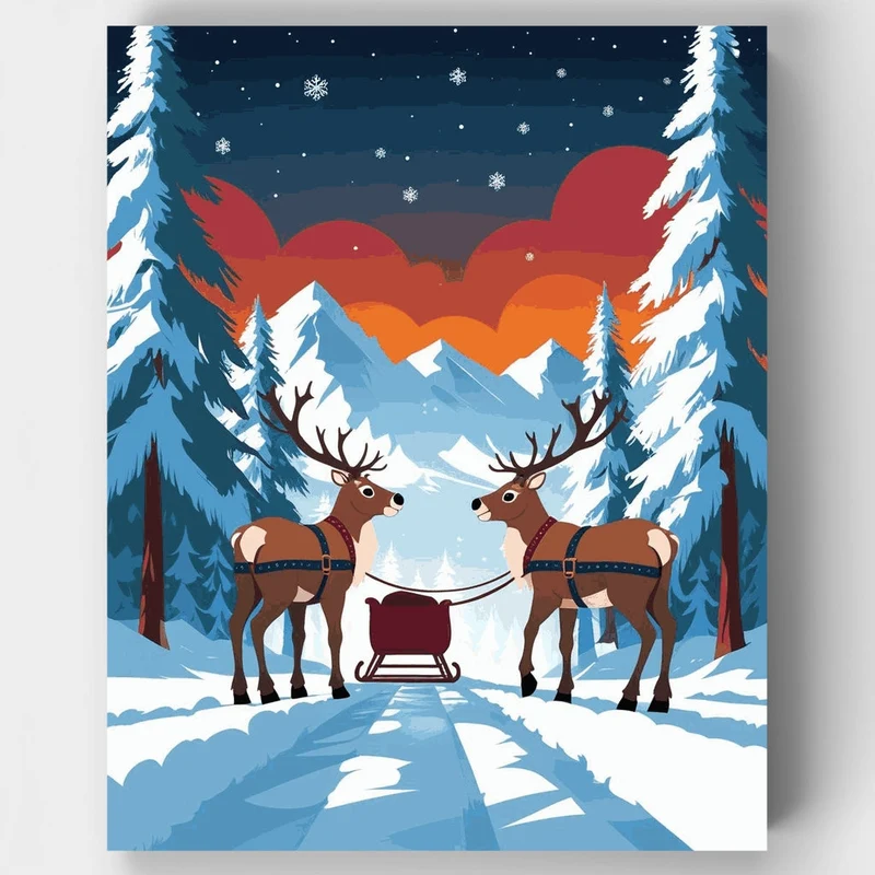 Reindeer Sleigh Winter Mountain Scene - Paint by Numbers Kit