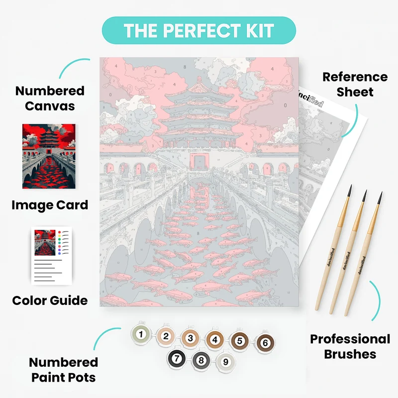 Red Koi Fish Swimming Under Traditional Chinese Pagoda - Paint by Numbers Kit